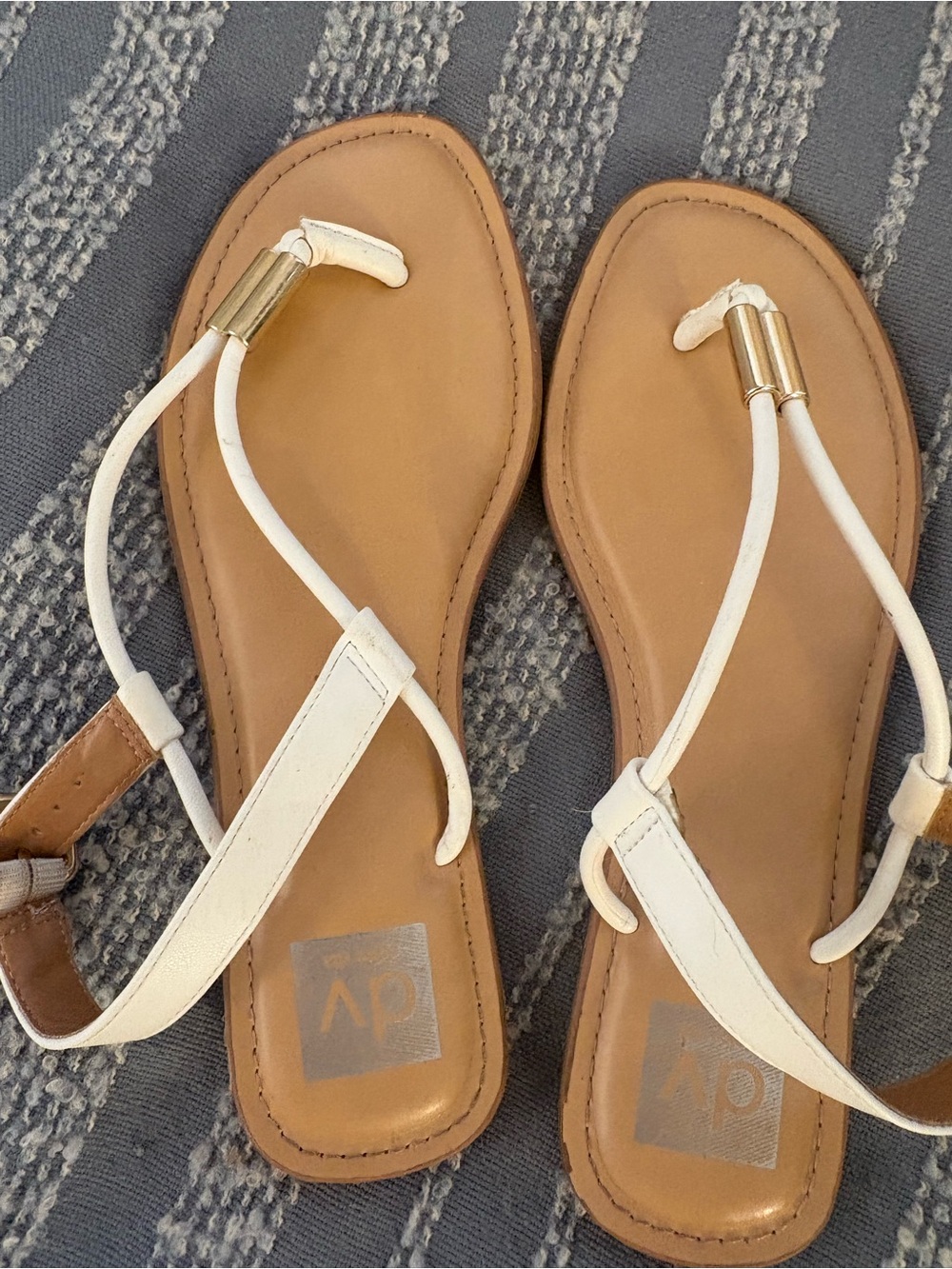 DV by Dolce Vita White and Tan T-Strap Sandals with Gold Accents